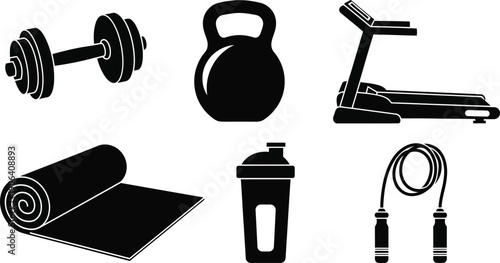 Black and white illustration of various fitness equipment and accessories