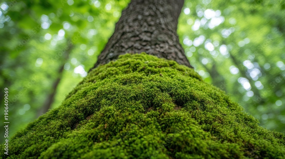 Fototapeta premium Lush green moss covers a tree trunk in a forest