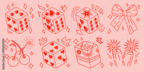 Hand drawn red illustration of dice playing cards and festive elements