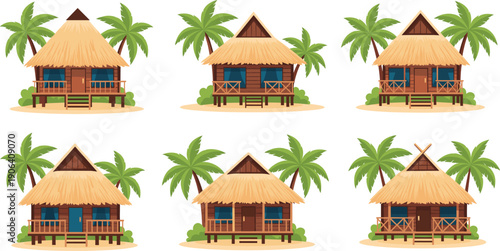 Tropical Beach Hut House Collection with Palm Trees Flat Cartoon Vector Illustration Isolated on White Background