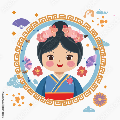 Chinese New Year greeting card design featuring cartoon vector illustrations of fashion people, children, and a geisha character with floral patterns and doll art for a fun holiday