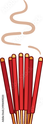 Illustration of burning red incense sticks with swirling smoke.