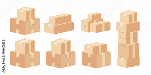 Isometric view of stacked cardboard boxes in varying arrangements