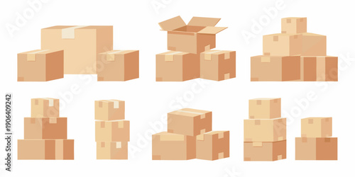 Stacked cardboard boxes in various arrangements illustrating packaging and storage