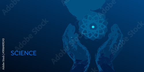 Hands cradling a glowing orb with science text in the background