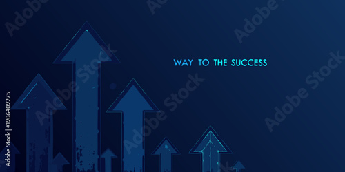 Blue abstract image featuring multiple upward pointing arrows and text