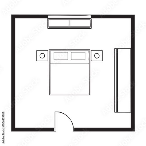 Black and white bedroom floor plan with bed wardrobe and window