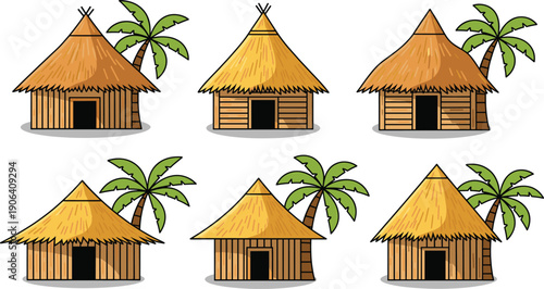 Tropical Hut House Collection Set with Palm Trees Flat Cartoon Vector Illustration Isolated on White Background