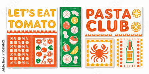 Colorful illustrated magnets featuring food and kitchen related themes