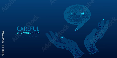 Conceptual illustration of careful communication with a brain and outstretched hands