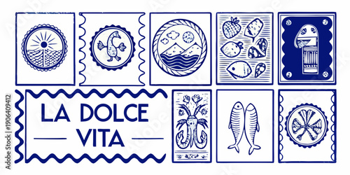 A collection of blue and white patterned stamps and lettering