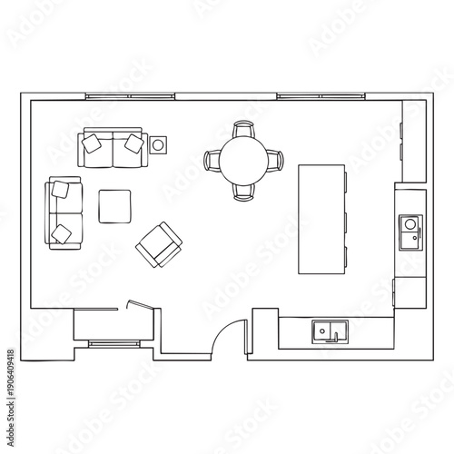 Floor plan of a living room with furniture and appliances layout sofa table