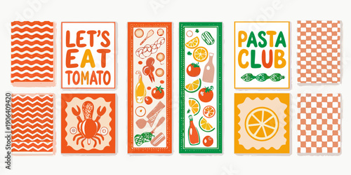 Colorful kitchen themed illustrations featuring food and patterned rectangles