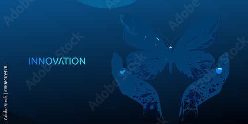 Hands cradling a butterfly shape with the word innovation displayed