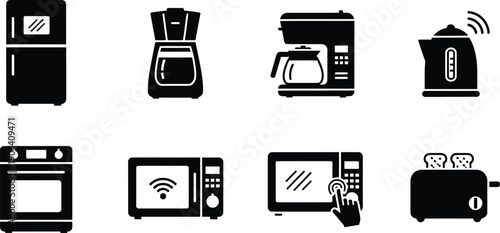 Black and white icons of various kitchen appliances and electronics