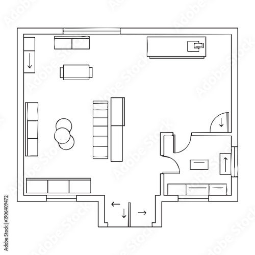 Minimalist office layout with furniture and directional arrows floor plan desk chair
