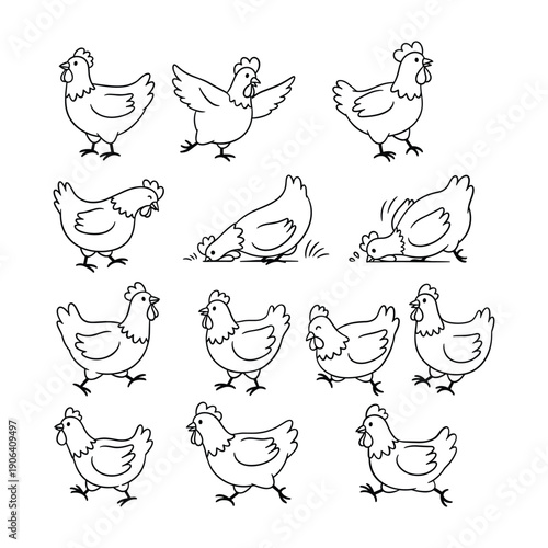 Hand Drawn Cartoon Chickens And Orange Beaks In Various Poses hand drawn poultry farm