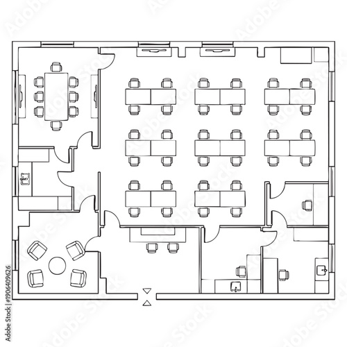 Office floor plan with desks chairs and meeting room layout