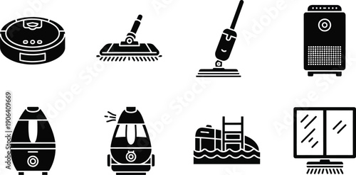 Black and white icons of various household cleaning appliances and devices