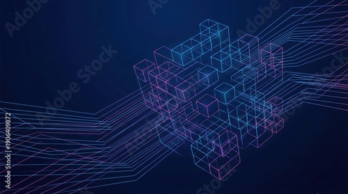 Futuristic 3D wireframe cube cluster with neon lines on dark background,digital technology concept,perfect for blockchain,data or AI visuals