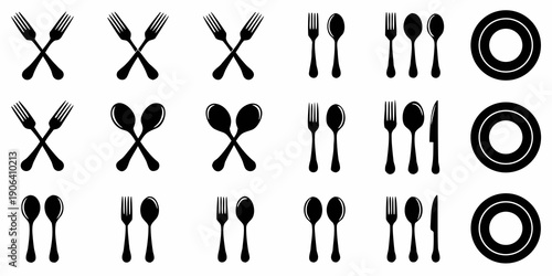 Black and white flatware and dinnerware arranged in a grid pattern