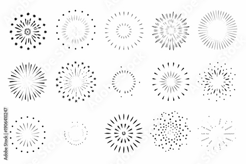 Collection of abstract circular firework or explosion designs in black and white