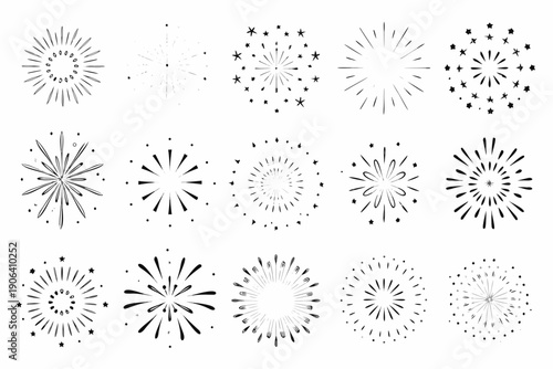 Collection of various black and white firework burst illustrations