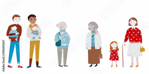 Diverse group of people including families and seniors illustrated in a simple style