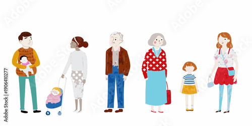 Diverse group of people including families standing in a line