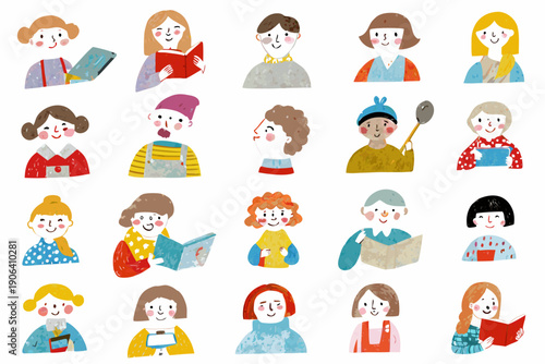 Diverse group of illustrated people many reading or holding objects