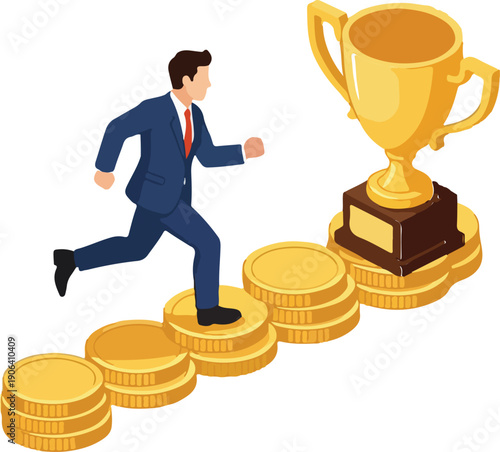Businessman in blue suit running up steps of gold coins to trophy