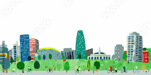 Stylized illustration of a modern city skyline with green spaces