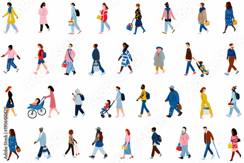 Diverse group of people walking in various casual outfits and poses