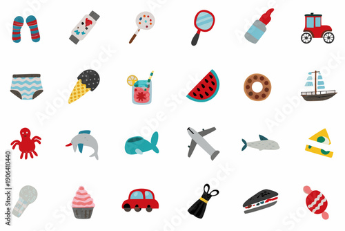 Collection of colorful flat design icons depicting summer and childhood items