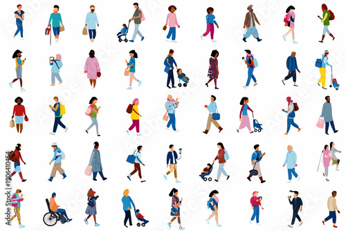 Diverse group of people walking in various casual outfits and poses