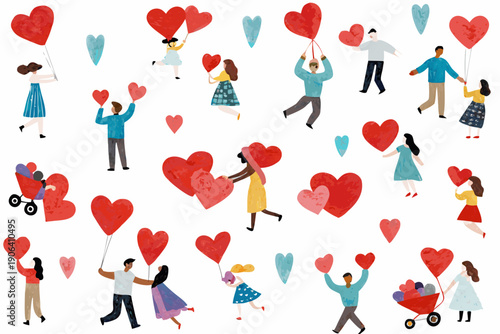 People holding heart shaped balloons in a playful colorful illustration
