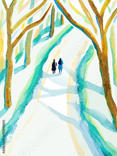 Watercolor painting of two figures walking down a tree lined path