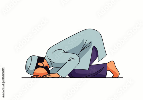 Vector flat design illustration of a man in prayer position, kneeling and bowing with hands on the ground, against a clean white background.