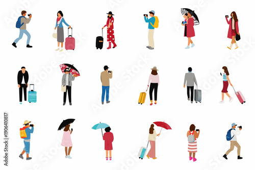 Diverse group of stylized people with luggage and umbrellas