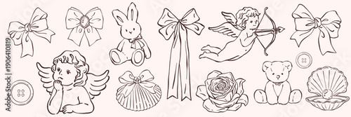Cute line art illustration set featuring cupid, teddy bear, rabbit, seashell with pearl, ribbon, button, and rose.