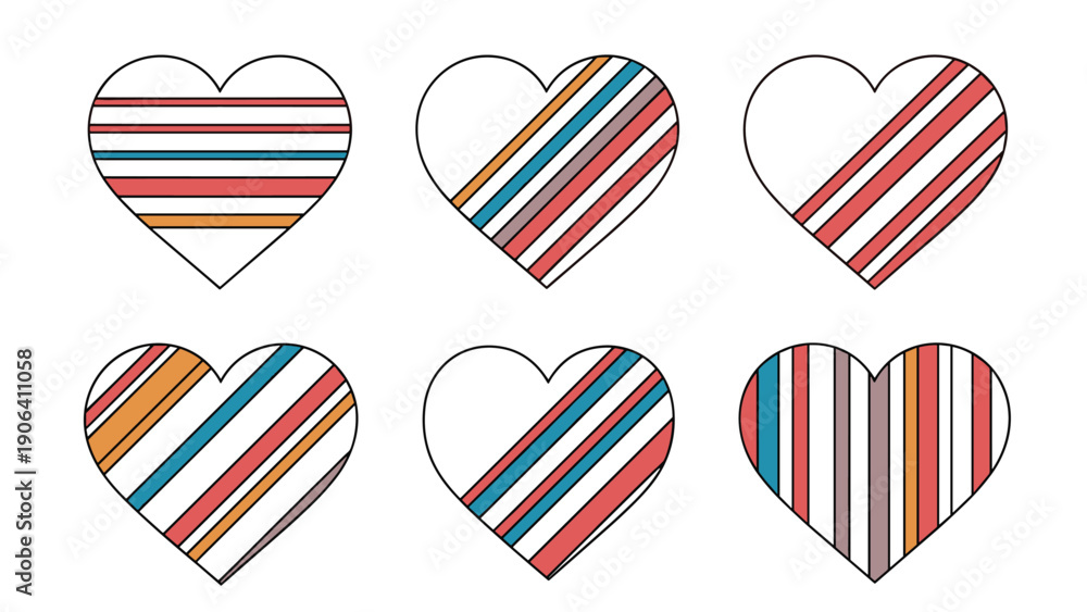 Obraz premium Selection of six hearts featuring various colorful striped patterns including vertical horizontal and diagonal arrangements.