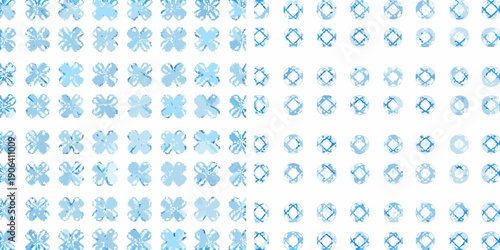 A repeating pattern of light blue floral and geometric shapes on white