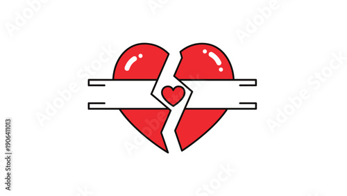 Iconic red heart symbol split in half and held together by a white band with a tiny red heart center representing healing and repair.