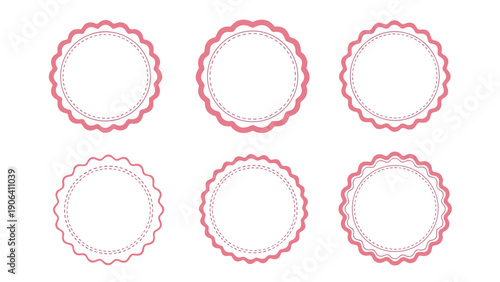 Collection of six blank pink scalloped circle frames with dashed inner borders arranged neatly on a plain white background.