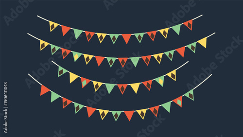 Multiple layers of colorful triangular bunting strings decorated with diamond patterns hanging against a dark evening background.