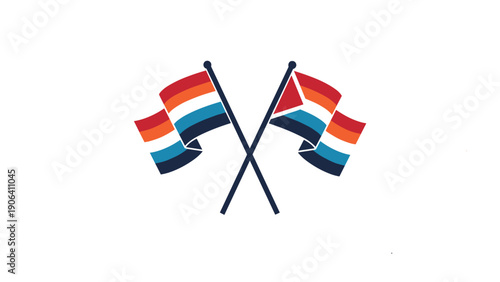 Pair of crossed flag poles displaying banners with multi colored horizontal stripes including shades of red orange and blue.