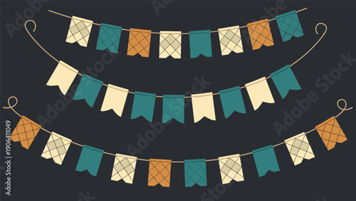 Strings of colorful patterned bunting including square and triangular flags hanging against a dark professional background.