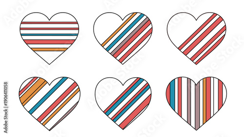 Selection of six hearts featuring various colorful striped patterns including vertical horizontal and diagonal arrangements.