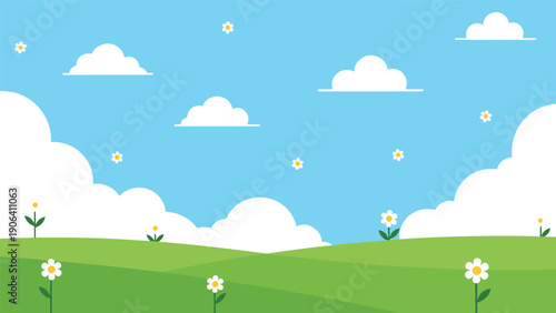 Peaceful landscape illustration of green hills under a blue sky with white clouds and scattered daisy flowers in a meadow.