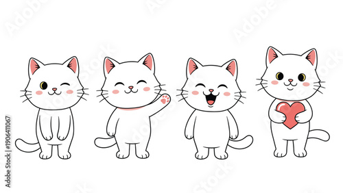 Four cute white cartoon cats in playful poses including winking waving laughing and holding a red heart for decoration.